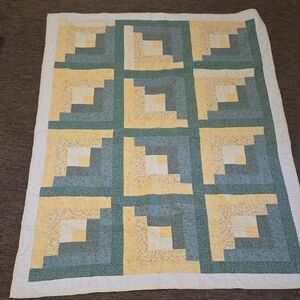Handmade Yellow and Green Patchwork Quilt - Classic Log Cabin Design